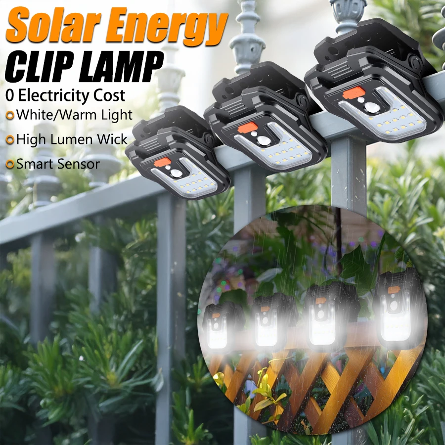 

C2 Super Bright Solar Clip Sensor Light, USB Rechargeable LED Lamp 4 Modes Waterproof PIR Sensor for Plant Camping Patio Yard