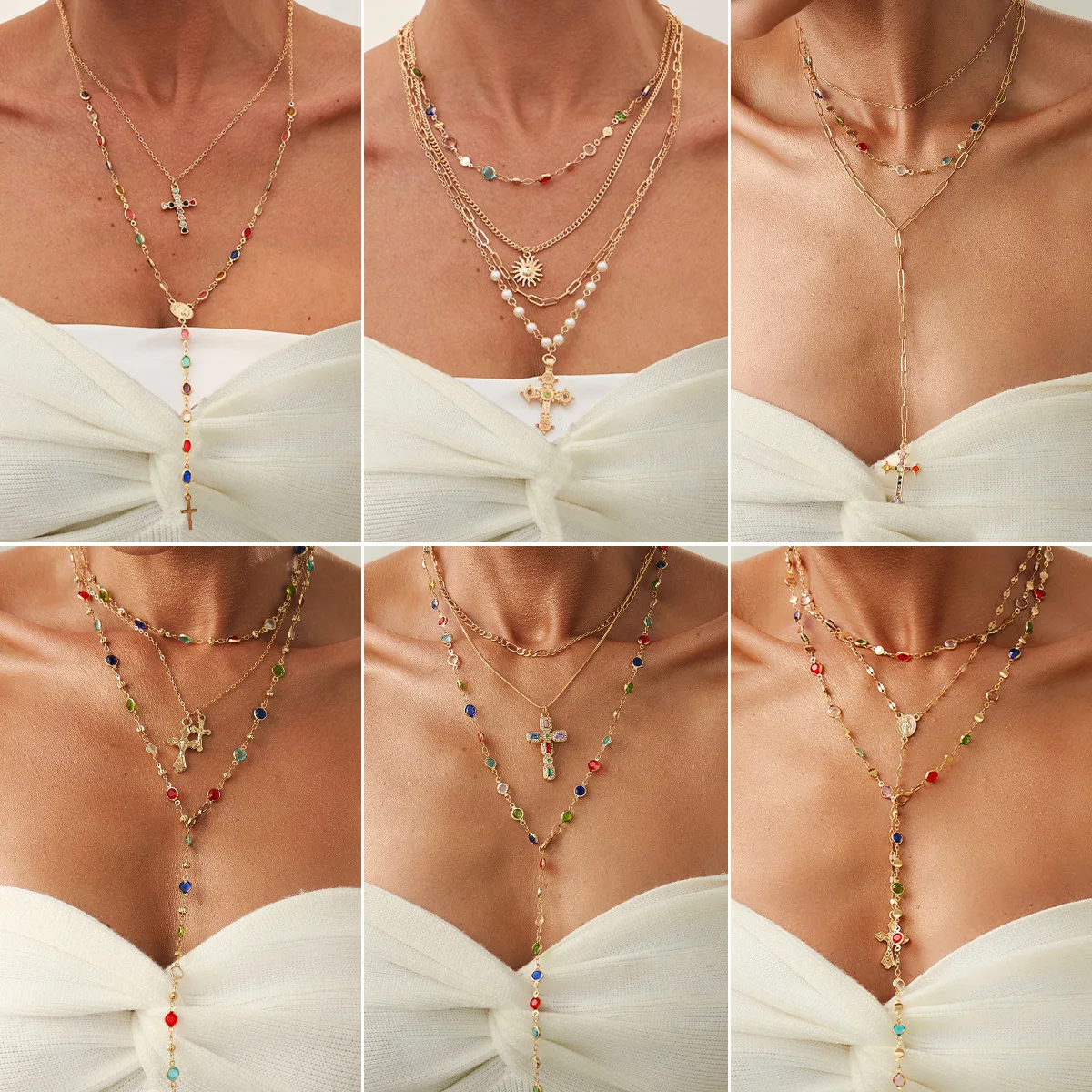 Mehrschichtige böhmische Strand-Stil bunte Zirkon-Halskette für Frauen, dickes Kreuz, Imitationsperle, Schlüsselbein-Halsband, trendiger Schmuck