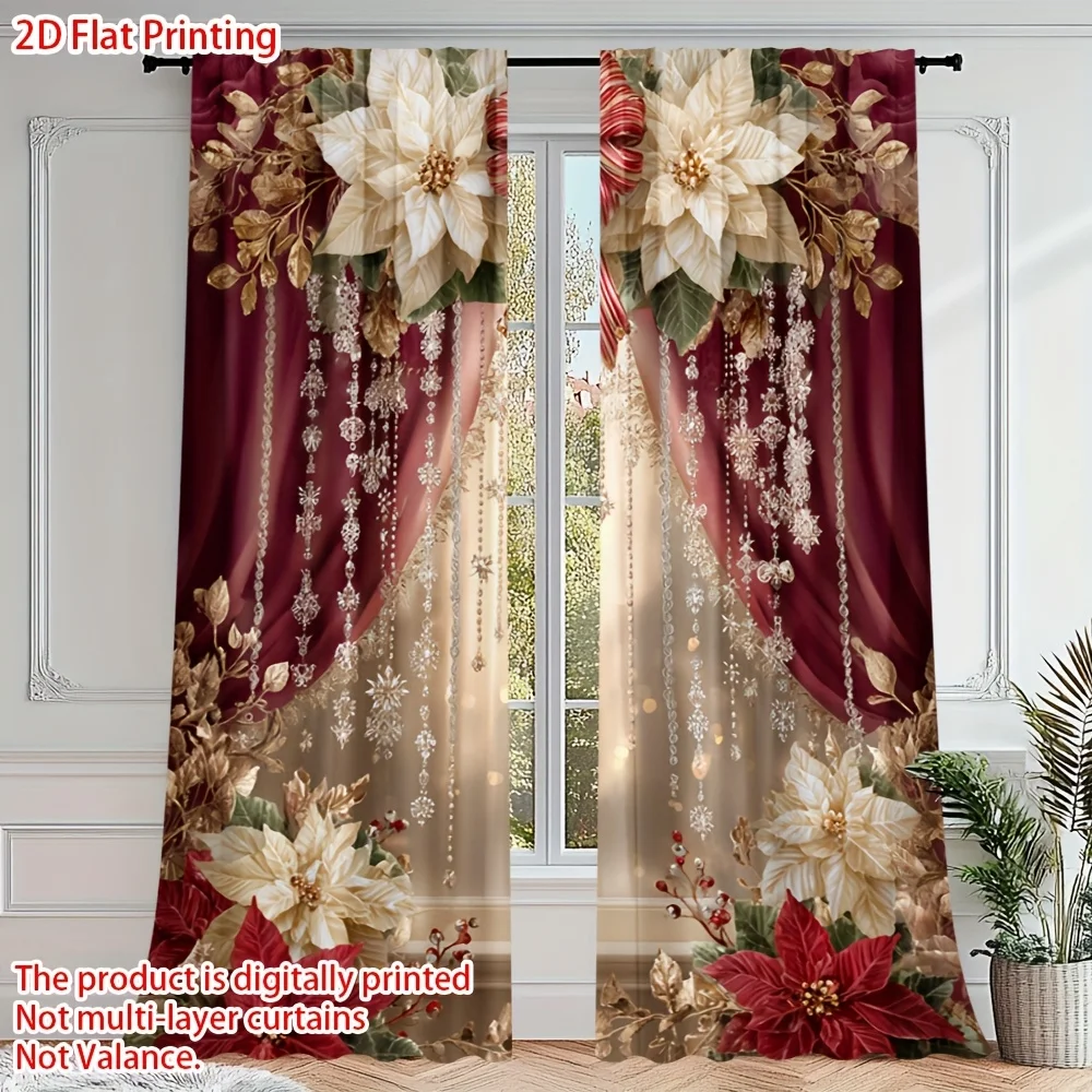 2pcs Elegant Christmas Print Curtains – Poinsettia & Gold Floral Design for Bedroom, Living Room, Kitchen & Office