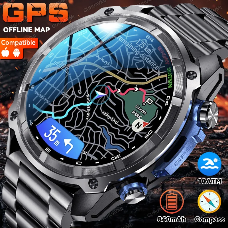 

New Outdoor Accurate GPS Offline Maps Smart Watch Men Compass 4GB Memory 860mAh Battery Bluetooth Call 10ATM Waterproof Bracelet