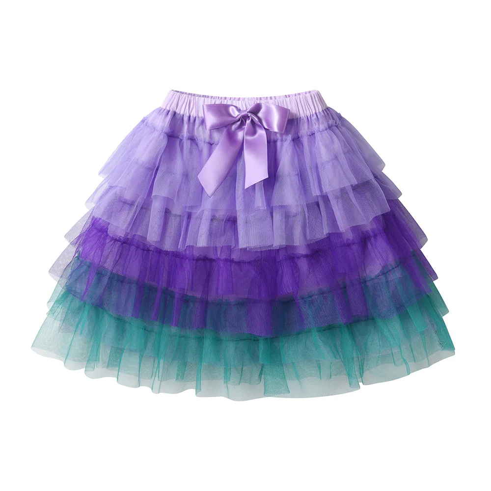 Girls Layered Tulle Tutu Skirts Kids Purple Gradient Tiered Skirt with Bow Knot Fluffy Ballet Dance Birthday Party Daily Wear