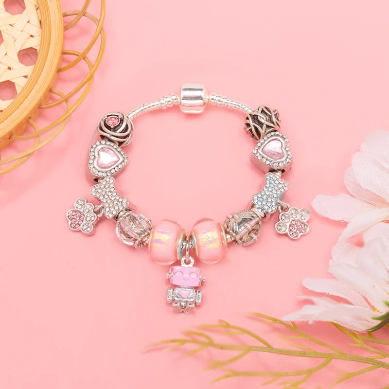 Pink Cute Claw Bone Beads Snake Chain With Love Robot Pendenta DIY Brand Charm Bracelet Jewelry For Women Making Gift New Desgin image 4