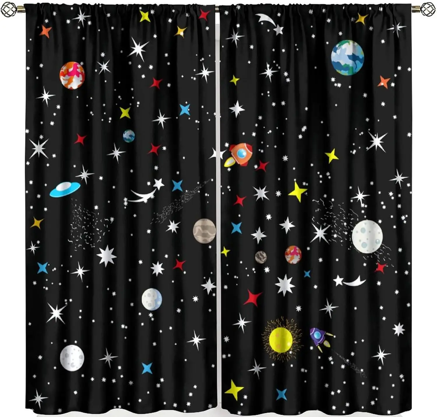Kids Outer Space Curtain Colorful Planet Rocket Star UFO Cartoon Pattern Light Blocking Drape For Villa Dorm Resort Children