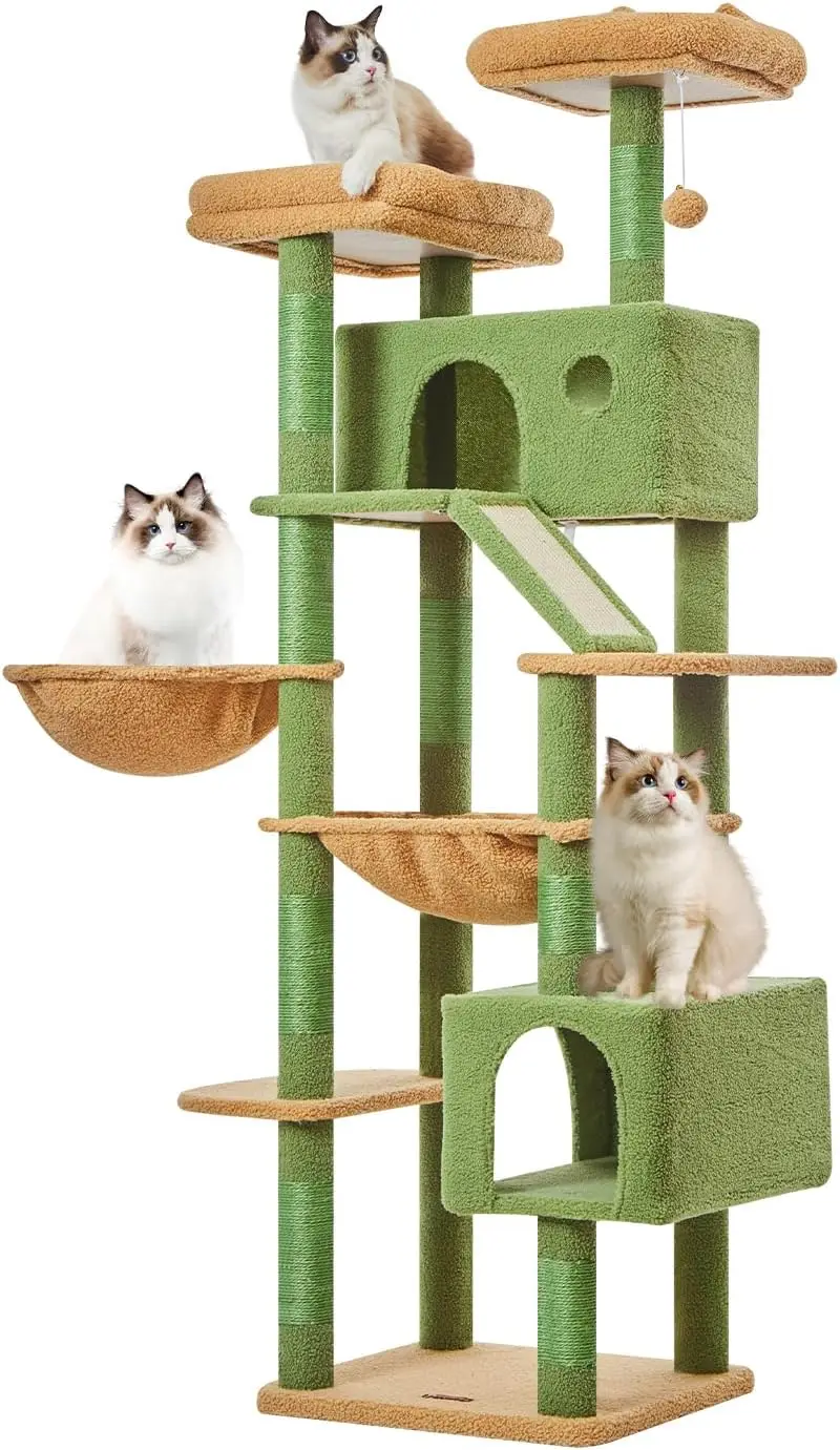 71-Inch Large Cat Tree for Large Cats, Plush Multi-Level Cat Condo with 8 Scratching Posts, 2 Perches, Cave, Hammock