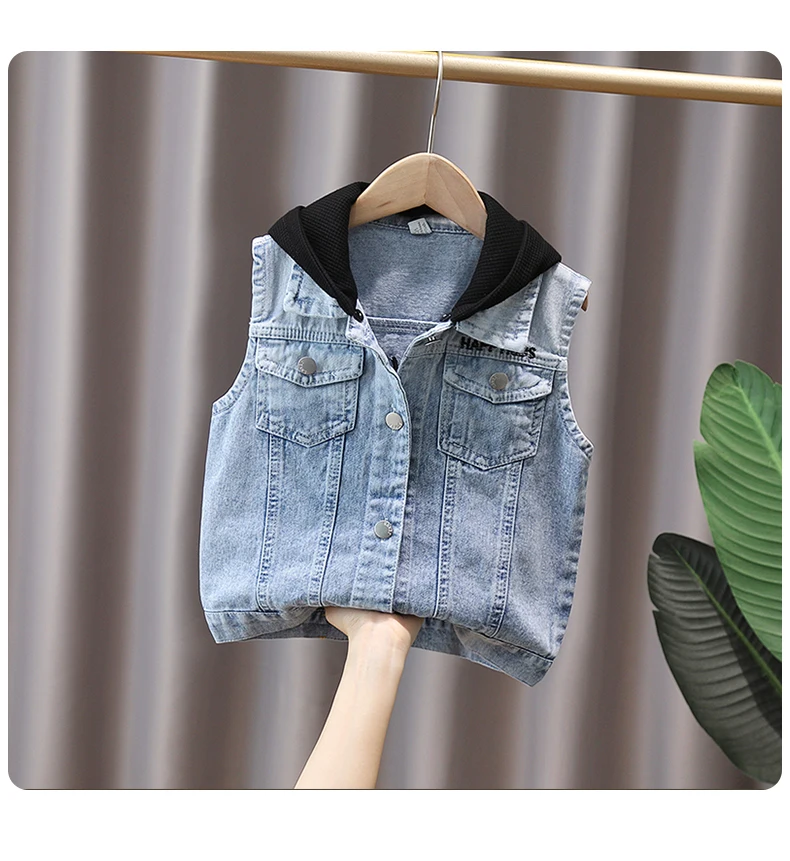 Baby Jungen Lässige Jeansweste mit Kapuze Neue Kinder Designer Modekleidung Outfit Kinder Ärmellose Jacke Hoodie Weste 2-9 Jahre – Detail 5