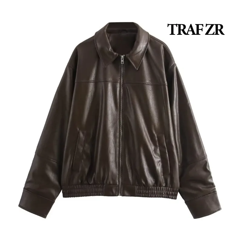 

TRAF ZR Leather Jackets Woman Ladies Fashion Baseball Uniform Aviator Jackets Casual New in Coats Solid American Retro Jacket