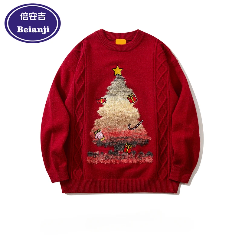 

Beianji sweater fashion brand fun Christmas tree red men's and women's autumn and winter design sense crewneck couple knitwear