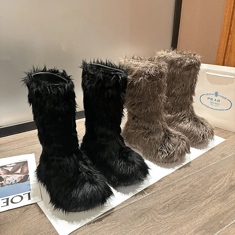 

Custom.2025 Весенние новые сапоги с мехом для родителей Париж B, модные меховые сапоги, женские сапоги до середины икры большого размера на толстой подошве