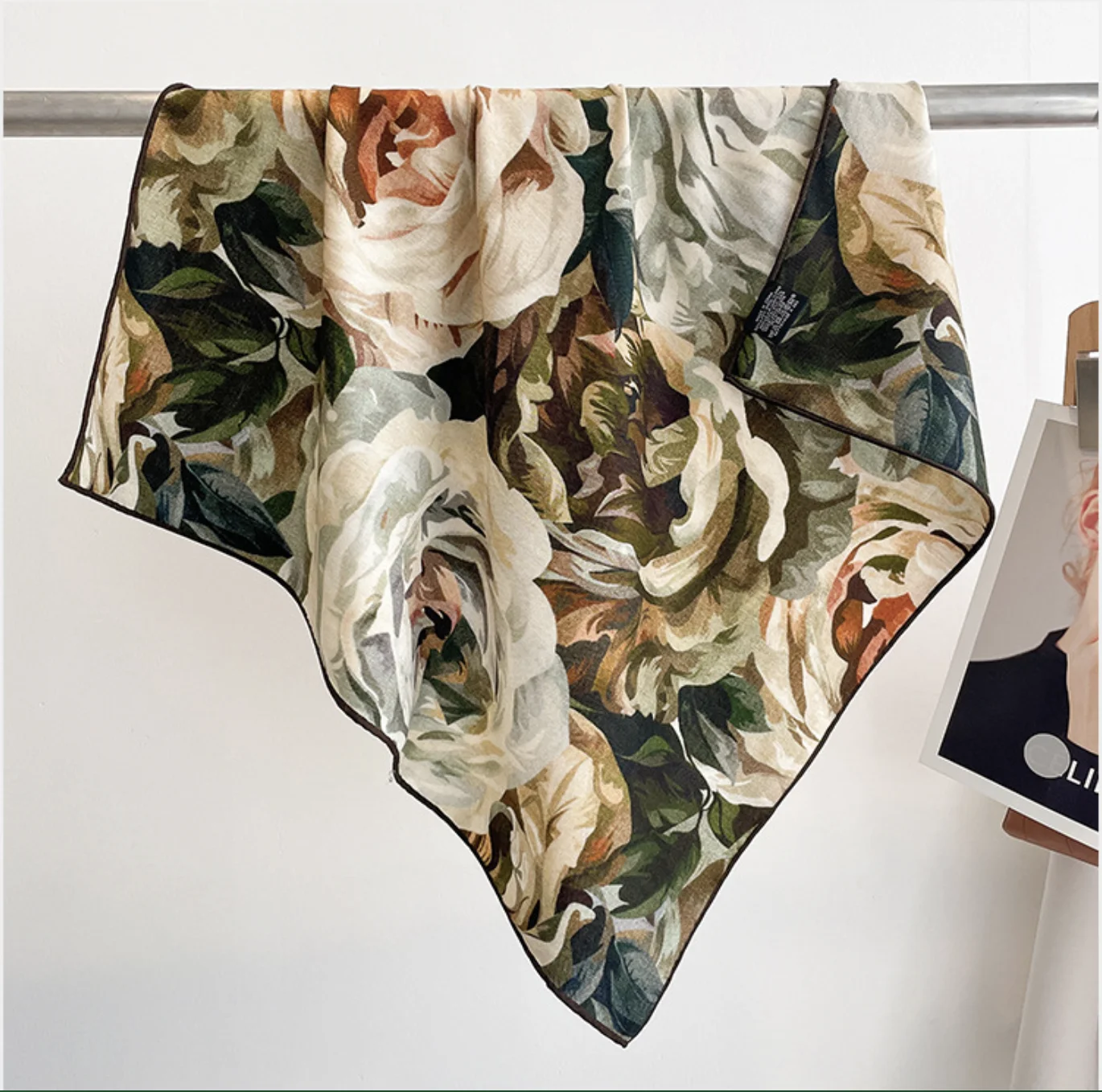 

30% Silk 70% Wool Rose Floral Square Scarf for Women Winter Elegant Shawls Wool and Silk Scarf Bohemian Chic Neck Scarves