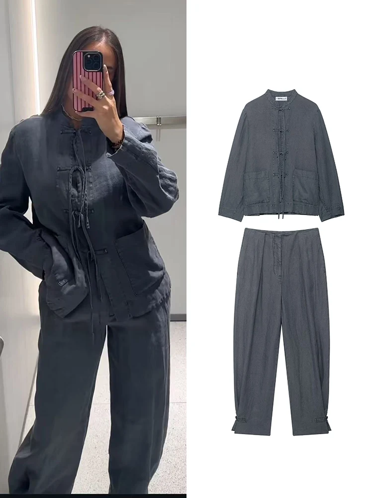 

TFMLN женский комплект рубашек в китайском стиле, модная повседневная рубашка с длинными рукавами и карманами, брюки-карандаш, женские осенние новые стильные уличные наряды