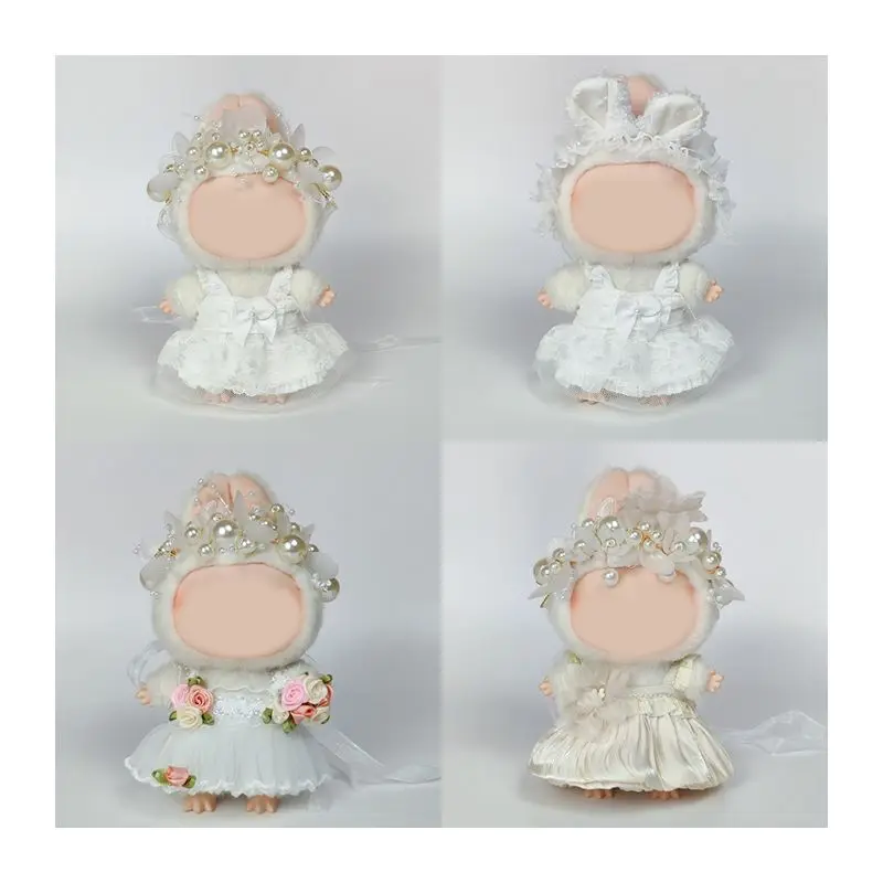 

Labubu Doll Outfit Set Floral Lace Dress with Bow Decor Shiny Bow Hair Clips Cute Plush Toy Clothing Cosplay Costume Accessories