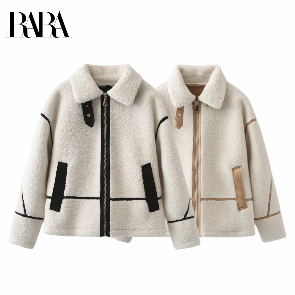 2024 RARA winter new women's lamb wool jacket coat contrast stripes straight loose fleece double-sided jacket coat