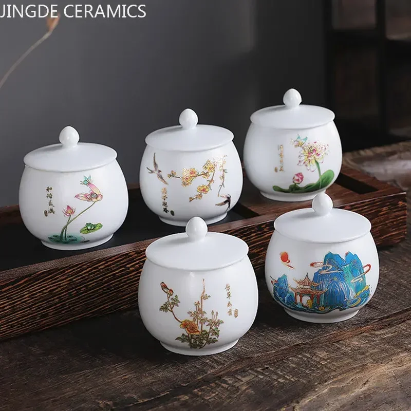 Chinese Ceramic Tea Caddy Multifunctional Storage Can Porcelain Sealed Jar Tea Set Accessories Kitchen Moisture Proof Container