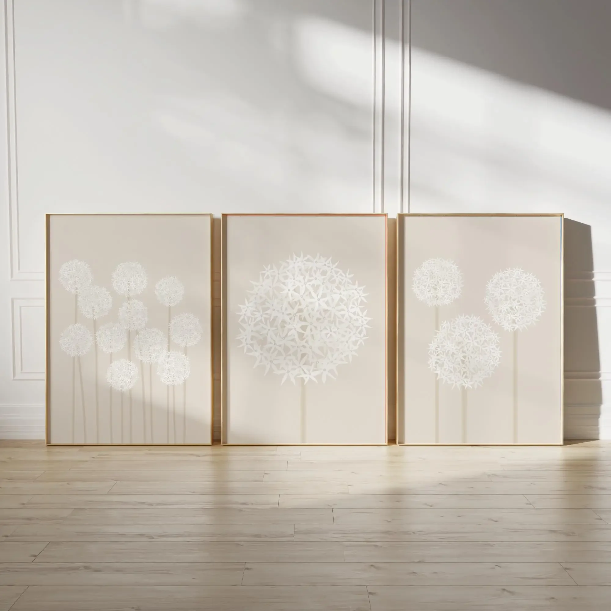 3PCS Large-sized frameless canvas paintings,3pcs Nordic Minimalist Neutral Beige Floral Art Posters Plant-Themed White Allium Fr