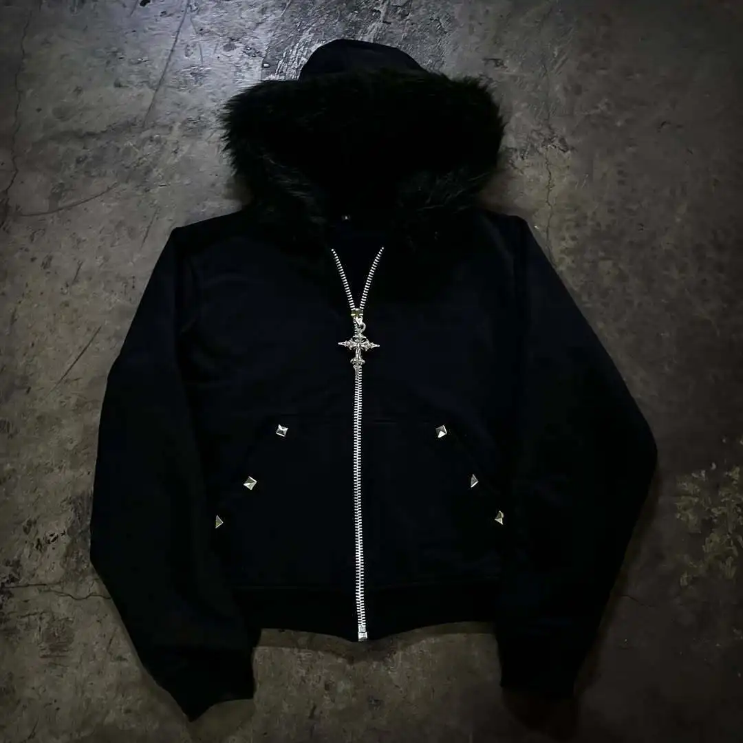 2026 Autumn Winter New Fur Collar Hat Zipper Hoodie Y2k Gothic High Street Hooded Jacket Men American Retro Punk Men's Clothing