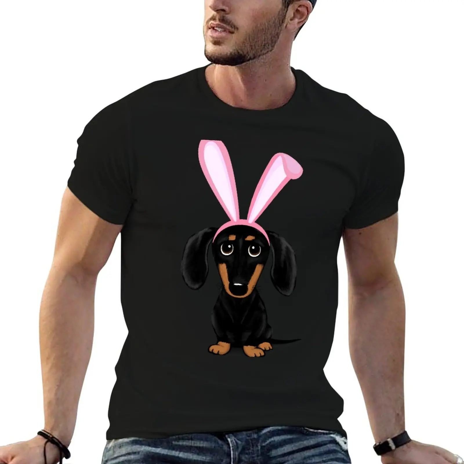 Funny Easter Dog Black and Tan Dachshund with Easter Bunny Ears T-Shirt summer tops blue archive mens white t shirts