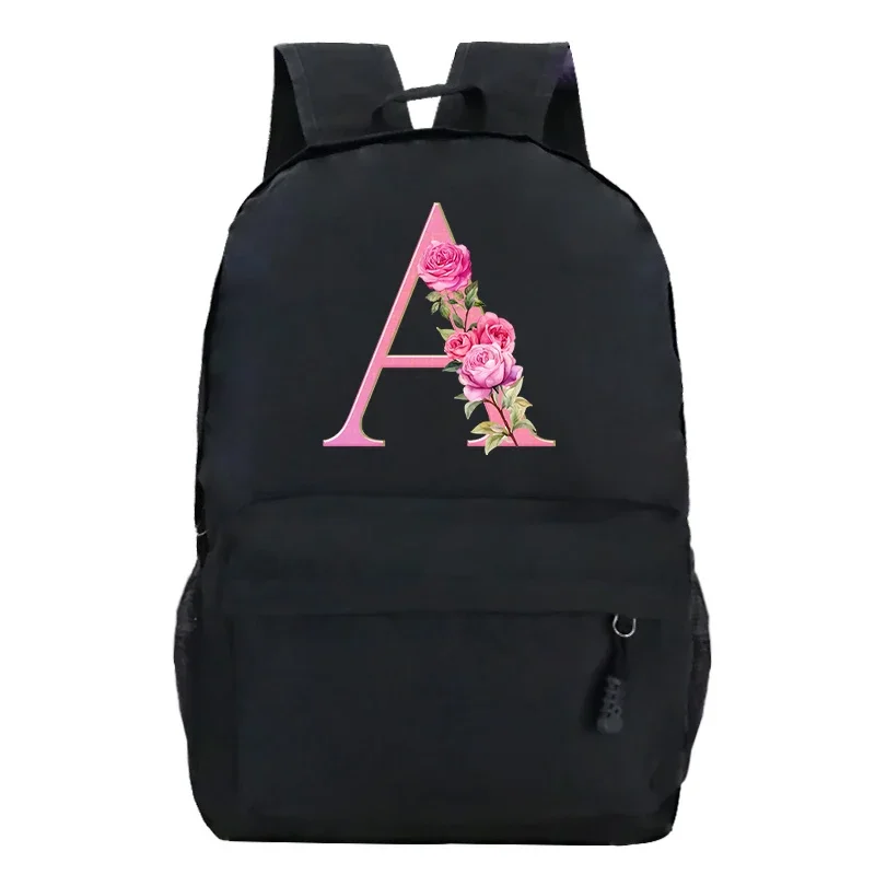 Black bag Harajuku fashion rucksack rose flower pink 26 alphabet boys girls hiking backpack alphabet floral High Street Backpack