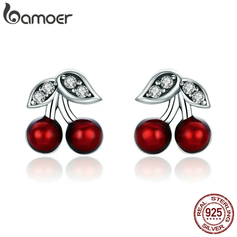 BAMOER 925 Sterling Silver Cherry Red Enamel & CZ Stud Earrings for Women Sterling Silver Jewelry Gift SCE404