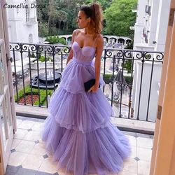 Lavender A Line Tulle Prom Dresses Layered Skirt Evening Gowns Spaghetti Straps Bow Sash Women Formal Party Dress  فستان سهرة