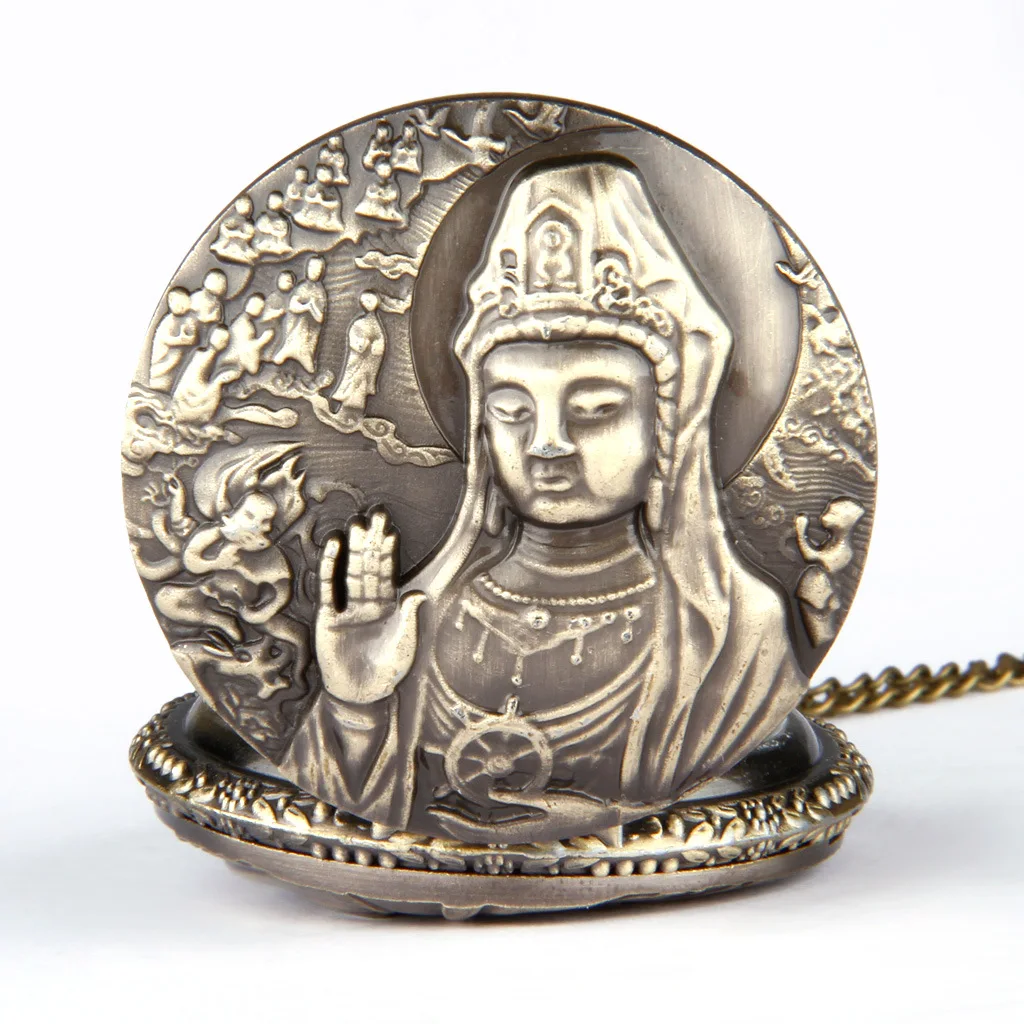 Vintage Luxury Buddha Patterned Carving Quartz Pocket Watch for Men Women Laser Engraved Fob Chain Bronze Clock for Collection