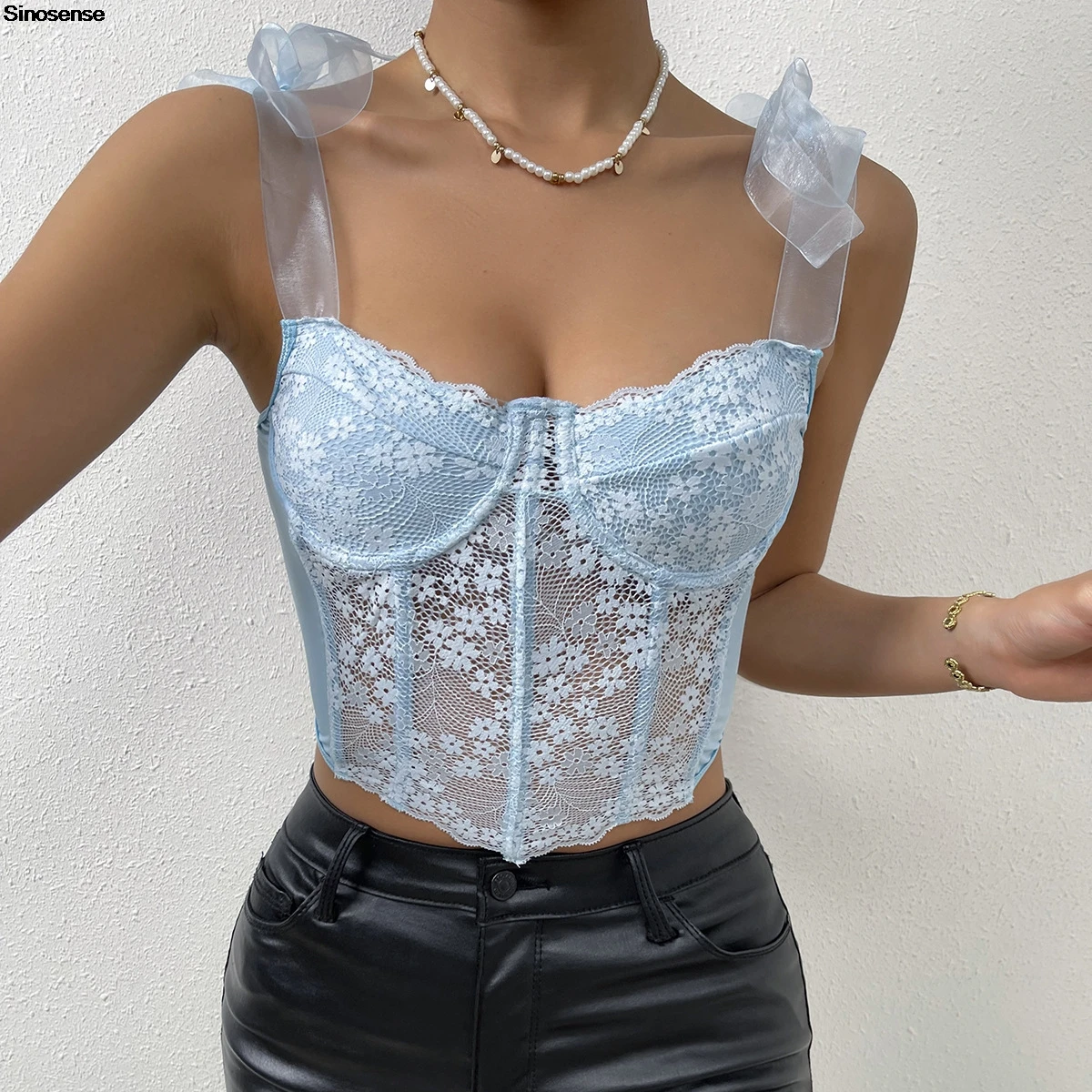 Women Floral Lace Contrast Mesh Tie Strap Bustier Top Elegant Sleeveless Curved Hem Corset Tops Y2K Night Club Party Crop Tops