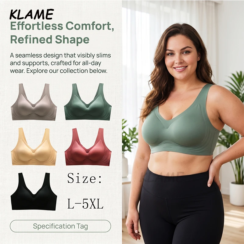 KLAME L-5XL Plus Size Women's Full Cup Removable Pads Seamless Comfortable Wireless Soft Support Push Up Jelly Bra KLM1268