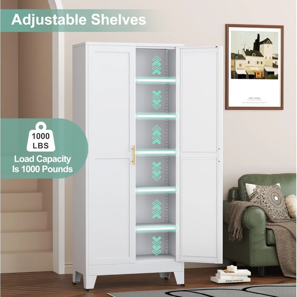 خزانة مطبخ معدنية ببابين مع 5 أرفف قابلة للتعديل ومقابض ذهبية للتخزين متعدد الاستخدامات #4