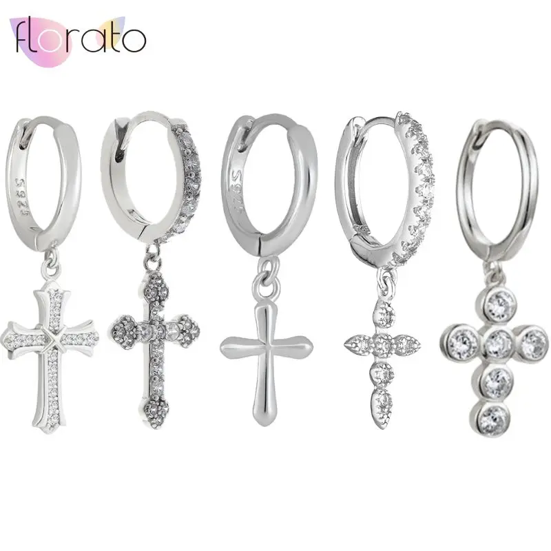 

925 Sterling Silver Needle Women's Trendy Personality Frigid Style Silver Cross Religion zircon earrings pendant Jewelry Gifts