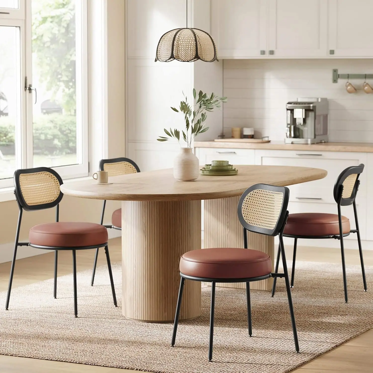 

Dining Chairs, Set of 4 Accent Chair for Dining Room Kitchen, with Boho PE Rattan Back, Synthetic Leather Upholstery, Coffee Bro