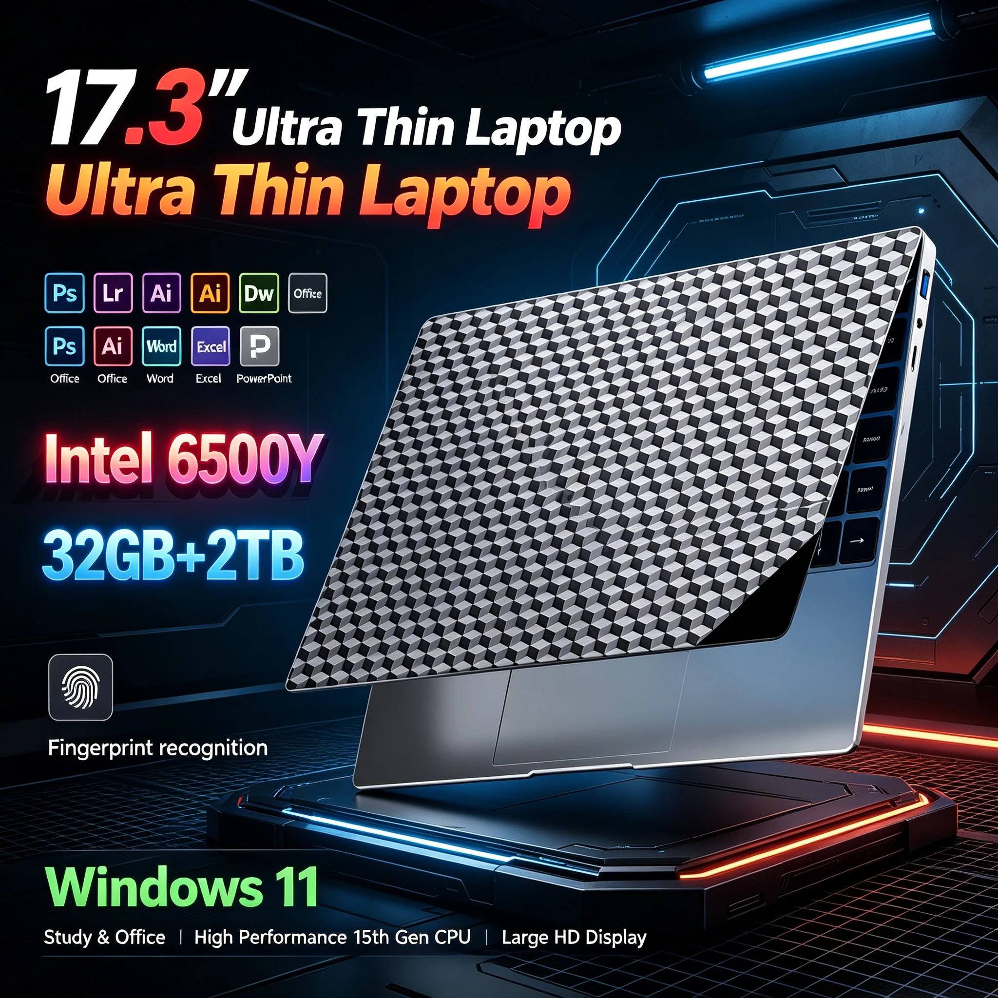 New 17.3" Large HD Display Portable Notebook Intel Core 6500Y 32GB RAM 1TB/2TB SSD Windows11 WiFi6 BT5.2 Household Work PC