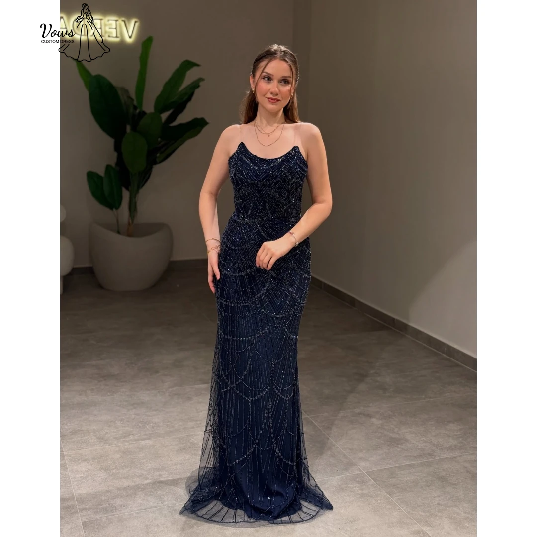 فساتين سهرة مصنوعة حسب الطلب من Vows فستان فاخر خط فساتين سهرة فساتين زفاف الضيوف امرأة قبالة الكتفين مطرزة بالخرز