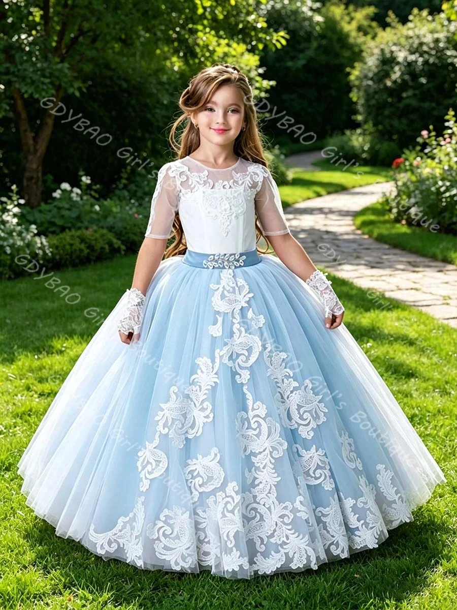 

Ball Gown Flower Girl Dress for Wedding Kids White Appliqued Top Puffy Tutu with Sashes Floor-Length Birthday Party Dress Custom