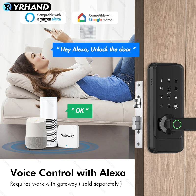 YRHAND TTLOCK APP Biometric Fingerprint Smart Door Lock Electronic Lock Work with Google home Aleax Unlock for home or Apartment