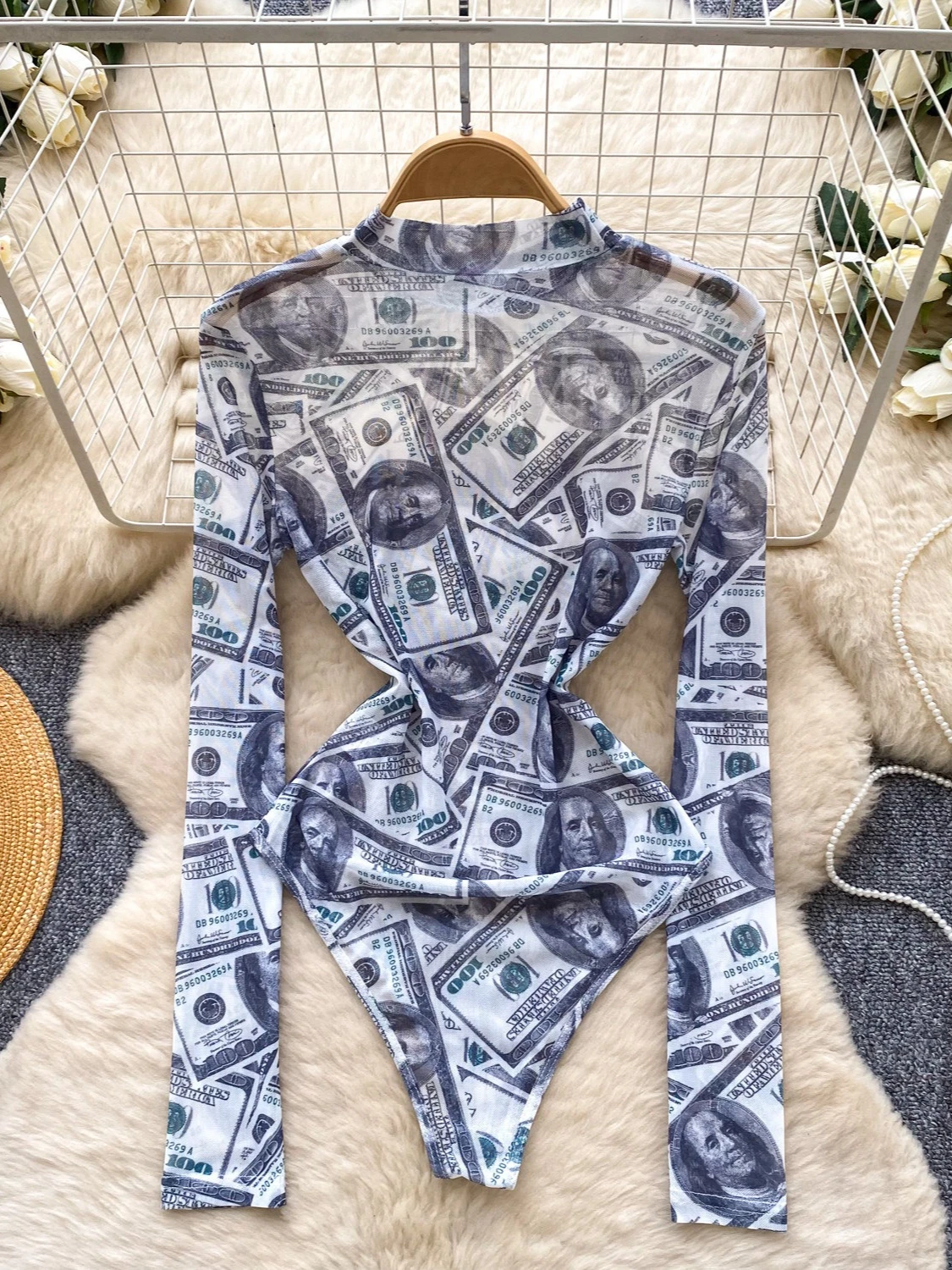 Foamlina Y2K Streetwear Bodysuit See Through Mesh Printed Long Sleeve Stand Collar Slim Stretch All-Match Club Top Woman Clothes