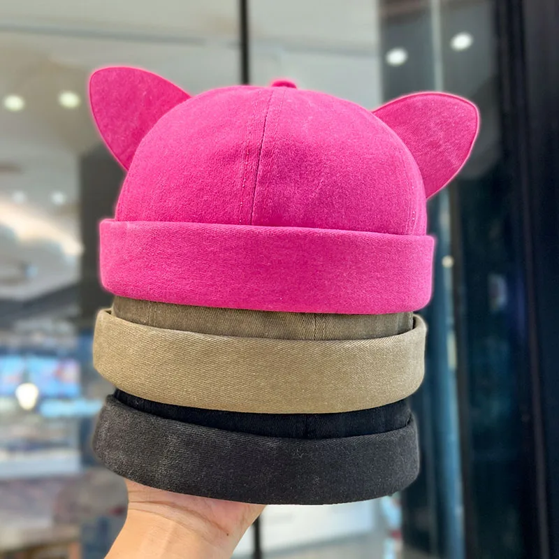 Topi jalanan telinga kucing lucu untuk pria dan wanita, topi tuan rumah tanpa tepi unik merek trendi, topi lantai dicuci dan tertekan, topi Hip-hop trendi