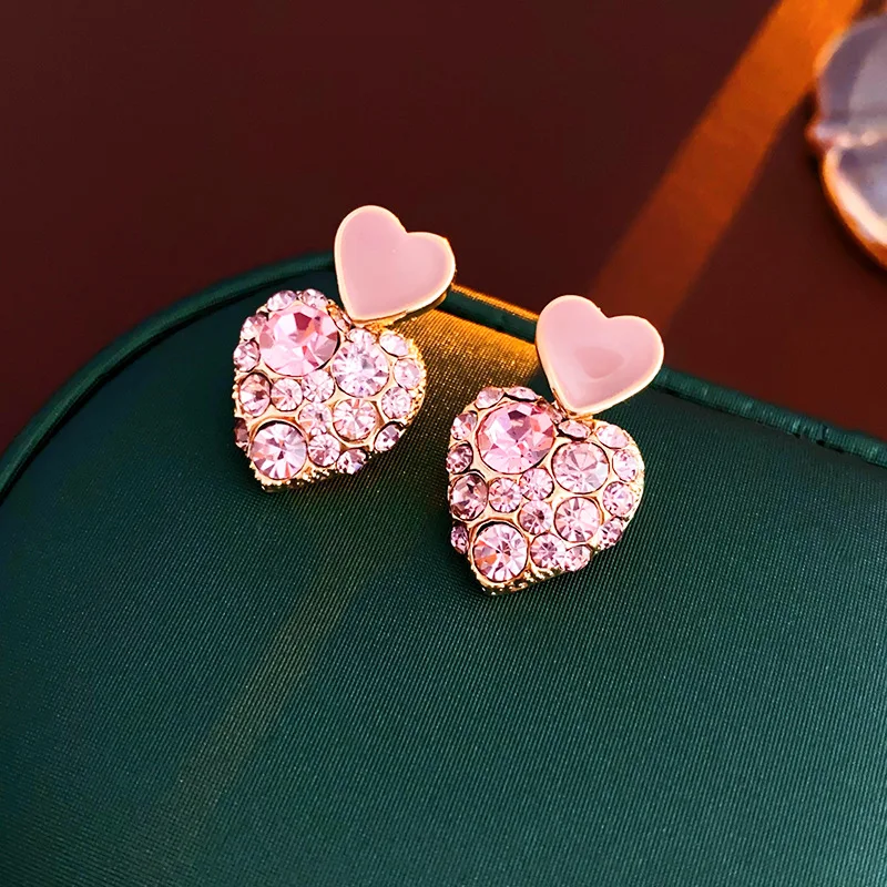 Gold Plating Rhinestone Pink Heart Drip Stud Earrings for Women Fashion Simple Versatile Earring Silver Needle Jewelry Wholesale image 5