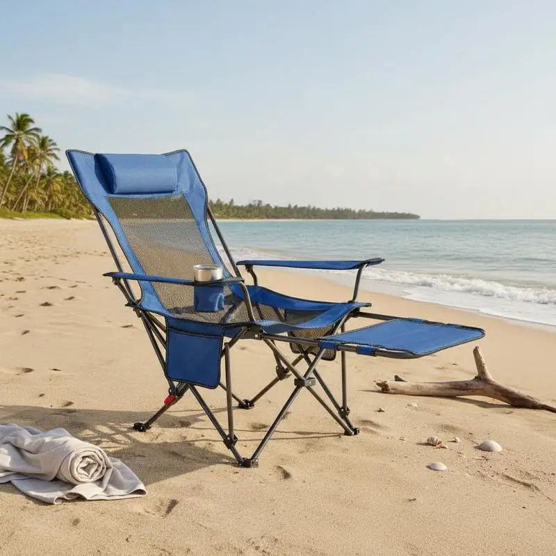Adjustable Outdoor Lounger 23x23x37 Inch For Beach Patio Camping, 4 Positions Headrest Footrest Mesh Breathable Foldable Steel Frame 220 lbs Capacity Blue