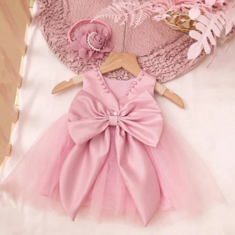 2PCS Newborn bowknot Tulle princess dress with bow headband newborn girl photoshoot outfits 1 month 100 days baby photo props