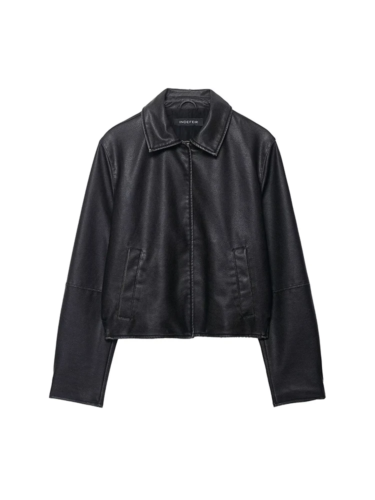 سترة نسائية جديدة على الطراز الأوروبي عصرية ومتعددة الاستخدامات أنيقة غير رسمية بياقة قلابة وأكمام طويلة وجيب من الجلد الصناعي. #1