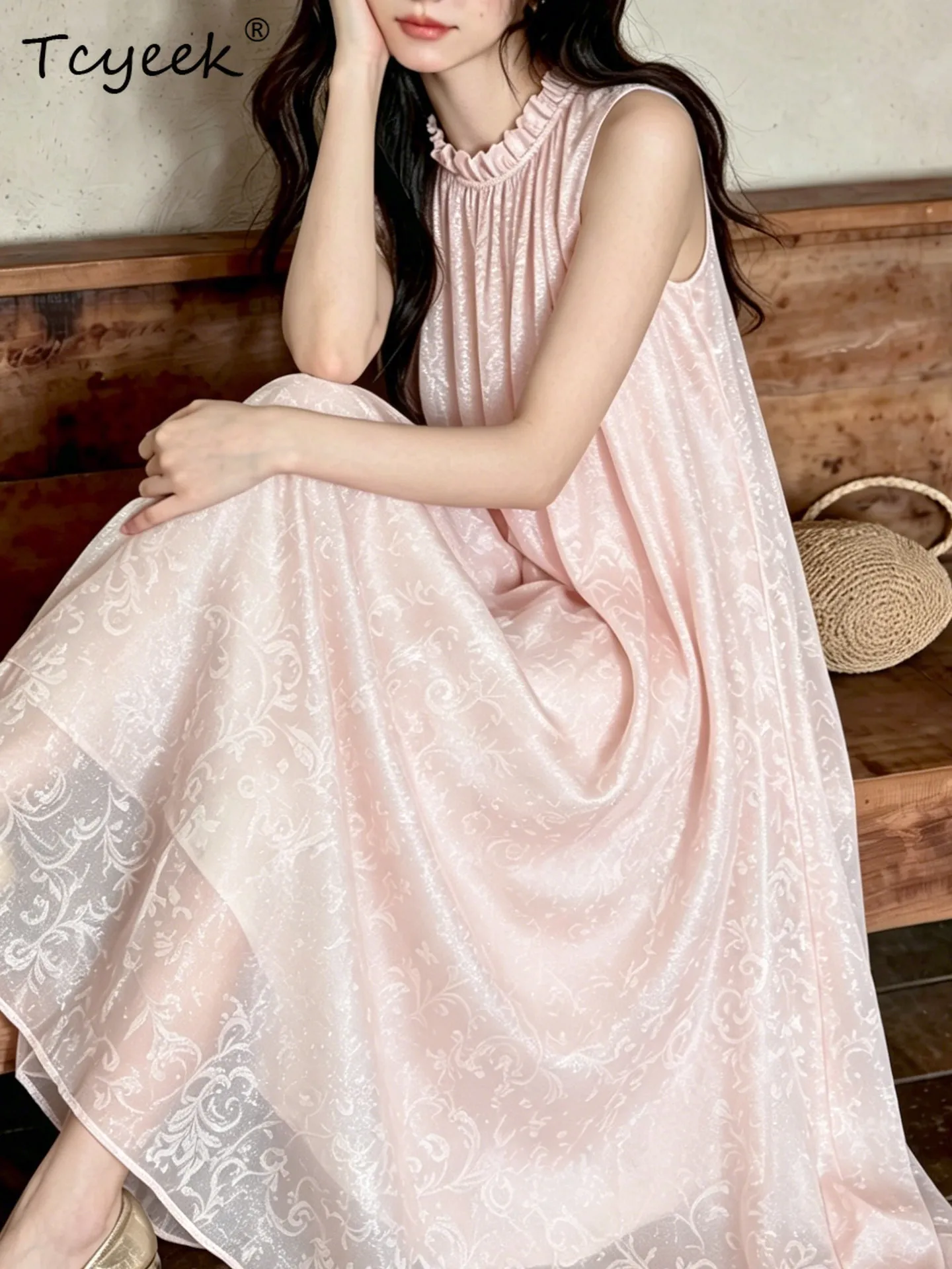 Tcyeek 100% Real Silk Maxi Dress for Women Elegant Womens Dresses Summer Clothes Vest Beach Dress Loose Fit Vestidos De Mujer