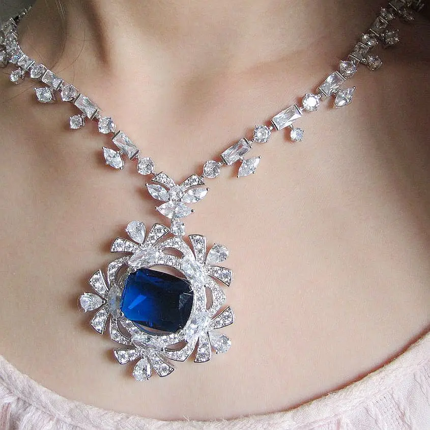 European fashion design Big blue color square zirconia Flower Earrings and Stone necklace Jewelry Sets for wedding party