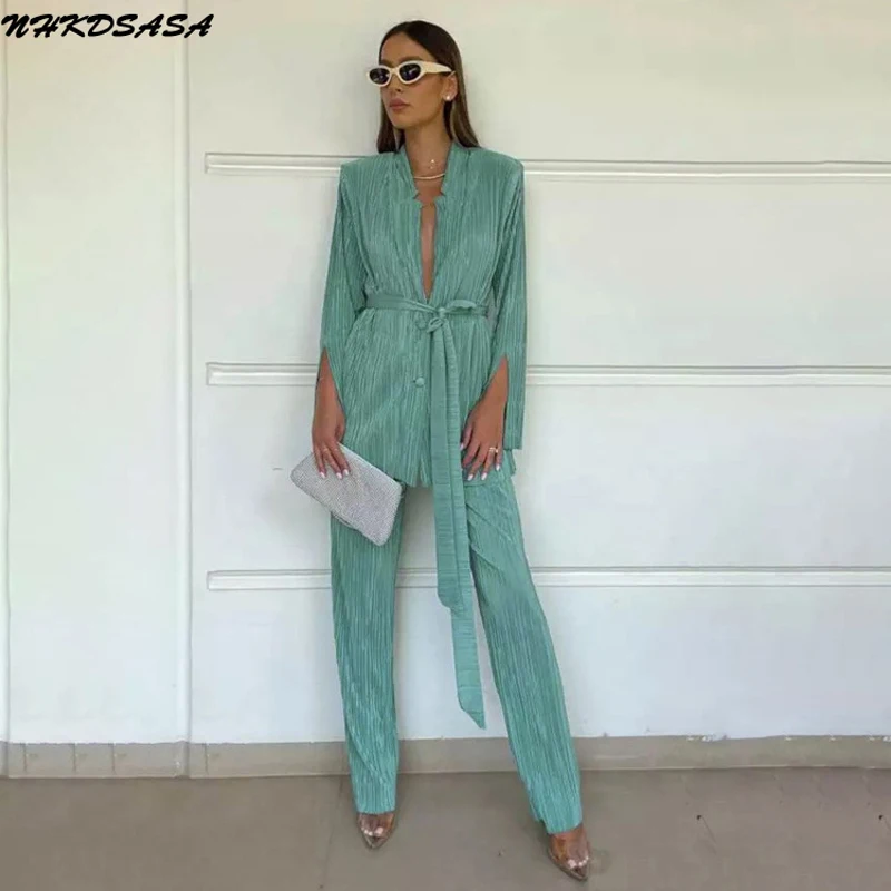 

Homewear Autumn Green Pleated Pants Set Bodycon Slit Trosuer Suits Fashion Lace-up Long Sleeve Blazer 2 Piece Sets Womens Outfit