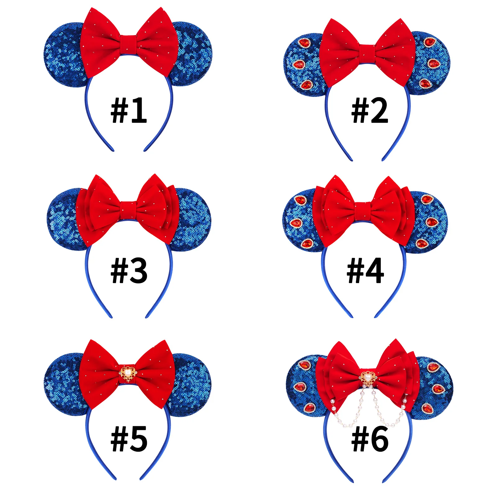 Princess Snow White Ears Headband Red Bow Crystal Pearl Hair Hoop Halloween Party Cosplay Costume Accessories for Women Girls view 6