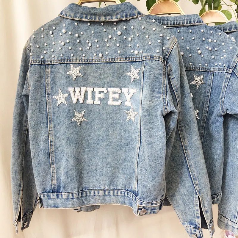 Giacca di Jeans con perle da sposa con strass con stelle giacca di Jeans WIFEY personalizzata cappotto da sposa donna nome personalizzato 2023