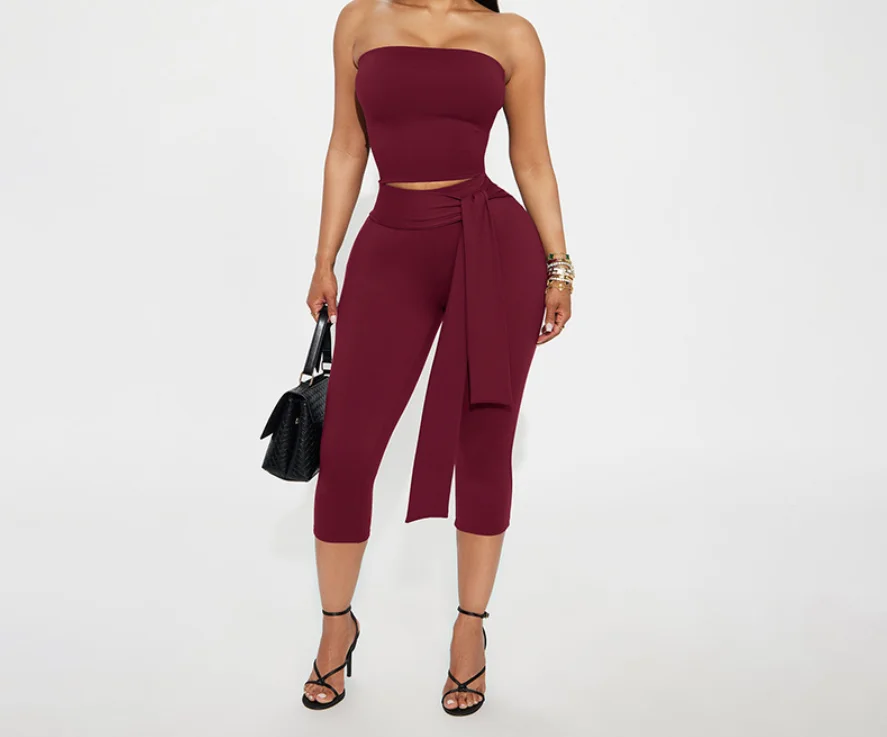 

Сексуальный вечерний женский комплект из 2 предметов, летний модный индивидуальный жилет без бретелек без рукавов и леггинсы с низкой талией, укороченные брюки