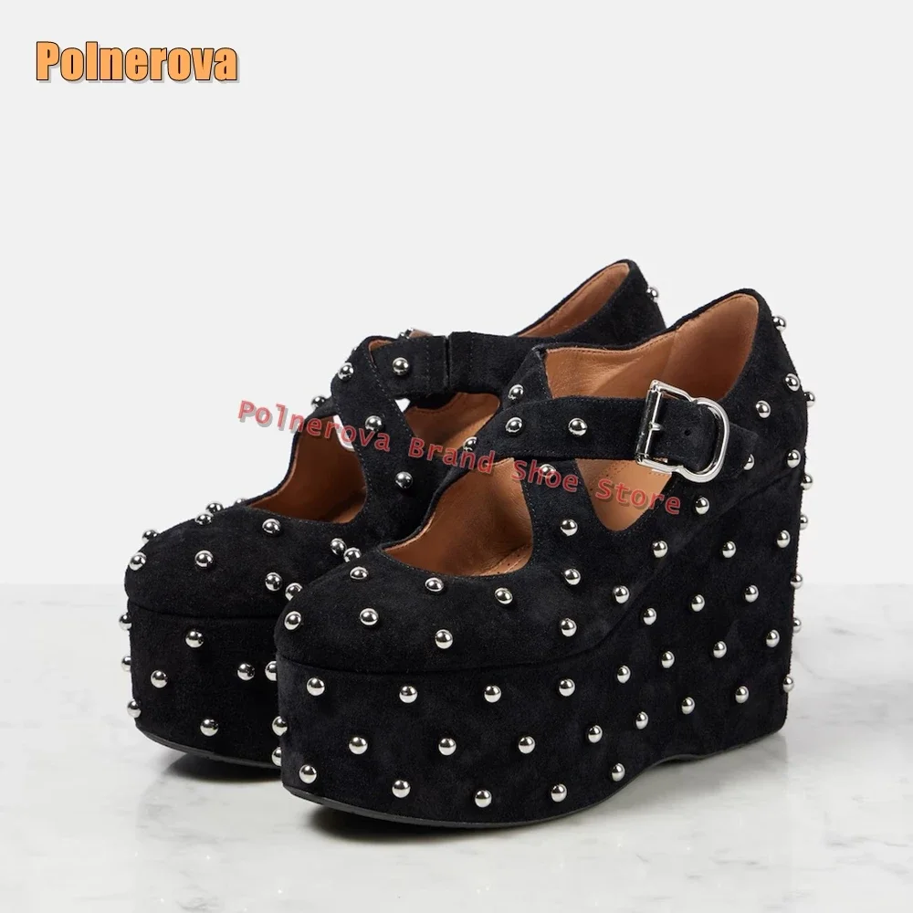 

Black Rivet Platform Wedges Pumps Round Toe Height Increasing Cross-Strappy Women Fashion Sandals 2025 Spring Dress Cut Out Shoe