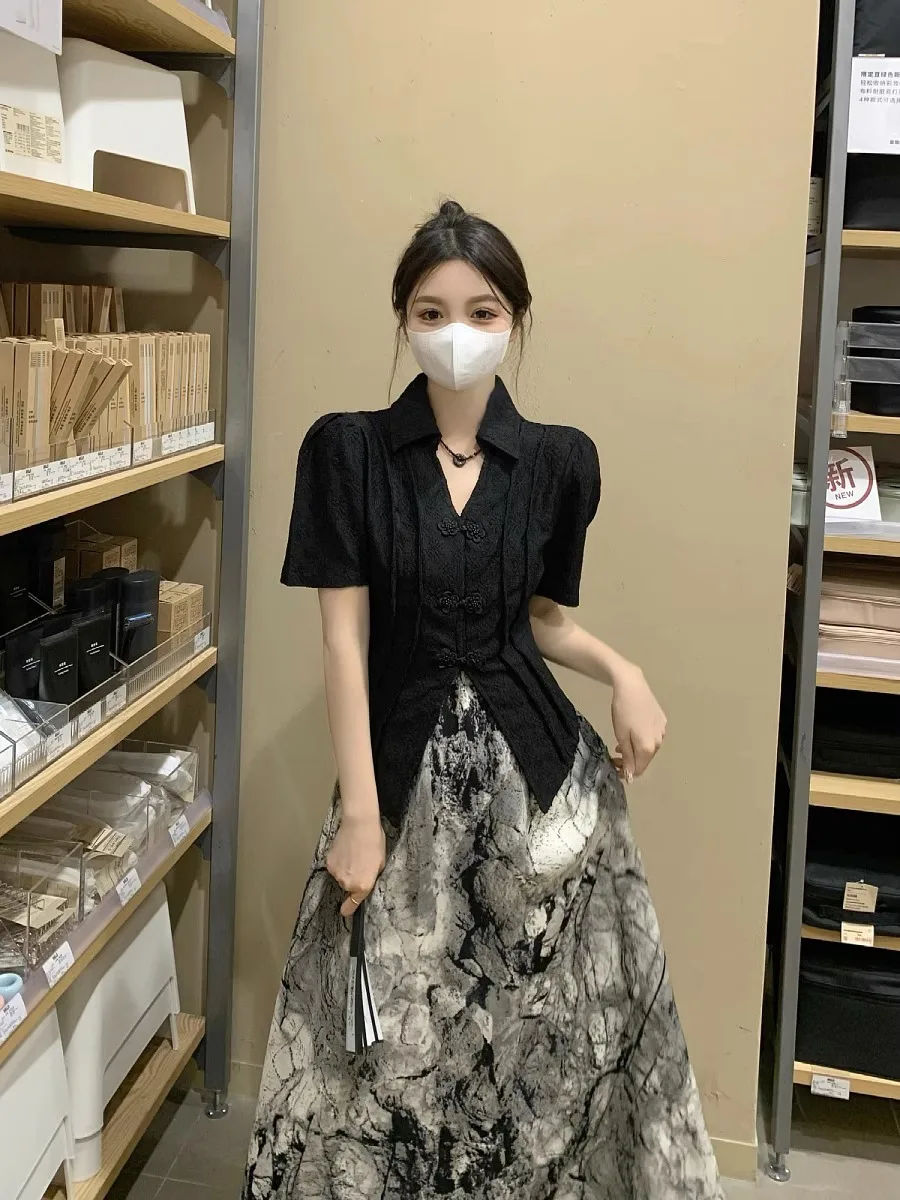 Ensemble de cardigans noirs à manches courtes pour femmes, jupes mi-longues boutonnées, taille haute, ligne A, style chinois vintage, été chic