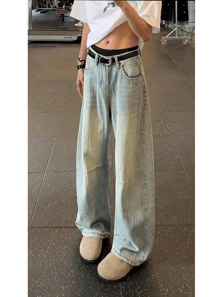 

Retro Blue Bamboo Knot Patterned Men's Summer Thin Cut Straight Line American Wash Jeans mid Waist Zipper Closure Casual Fit