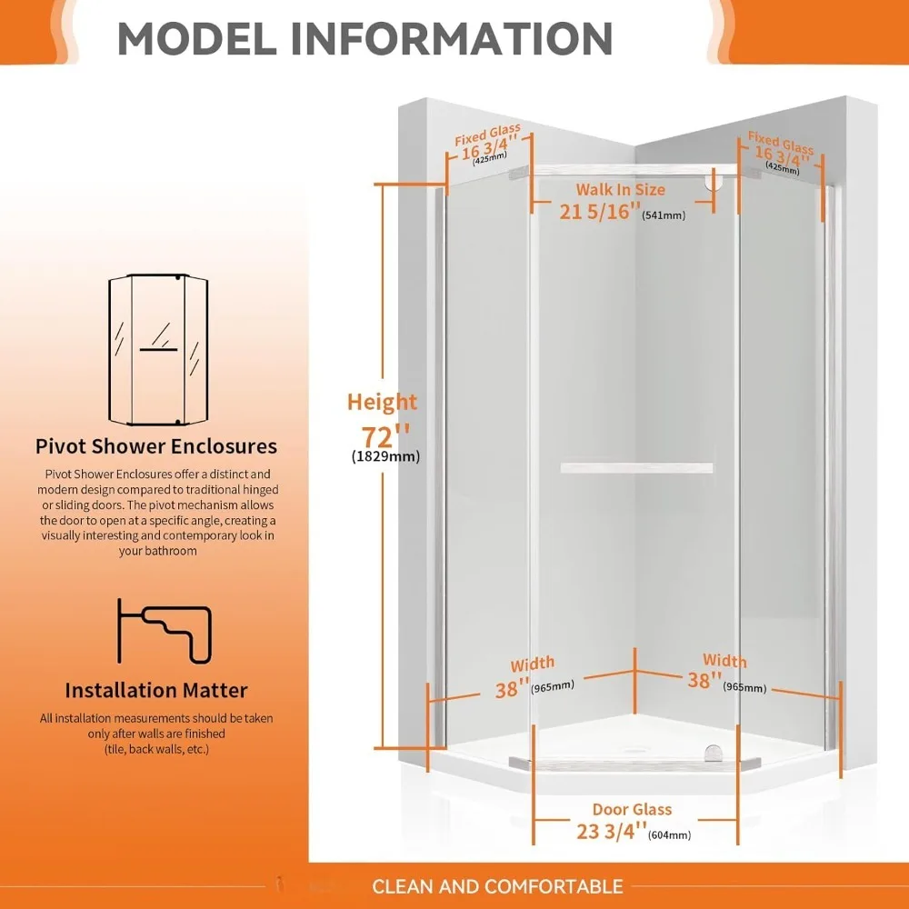 Shower Door, 38“ X 38” X 72“, 1/4” (6mm) ANSI Tempered Glass, Frameless Pivot, Reversible Left and Right, New Angle Shower Door