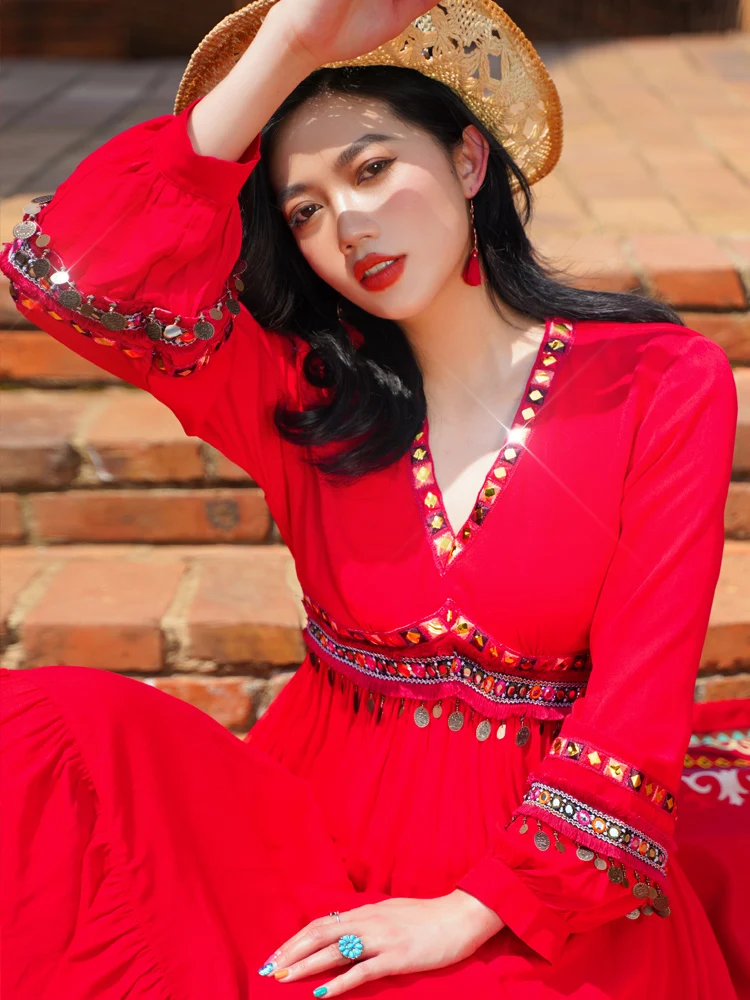 Ele Long Red Dr Skirt for Women Desert Ethnic Sle Photoaphy Tourist Wear V-Ne High Waist Polyester Fiber